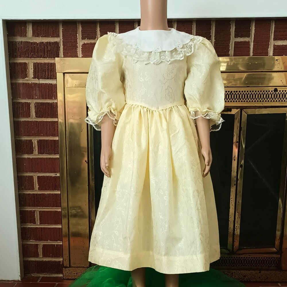 Ruth Of Carolina Jacquard Dress 6 Vtg Yellow Fit & Flare Puff Sleeves Lace Trim